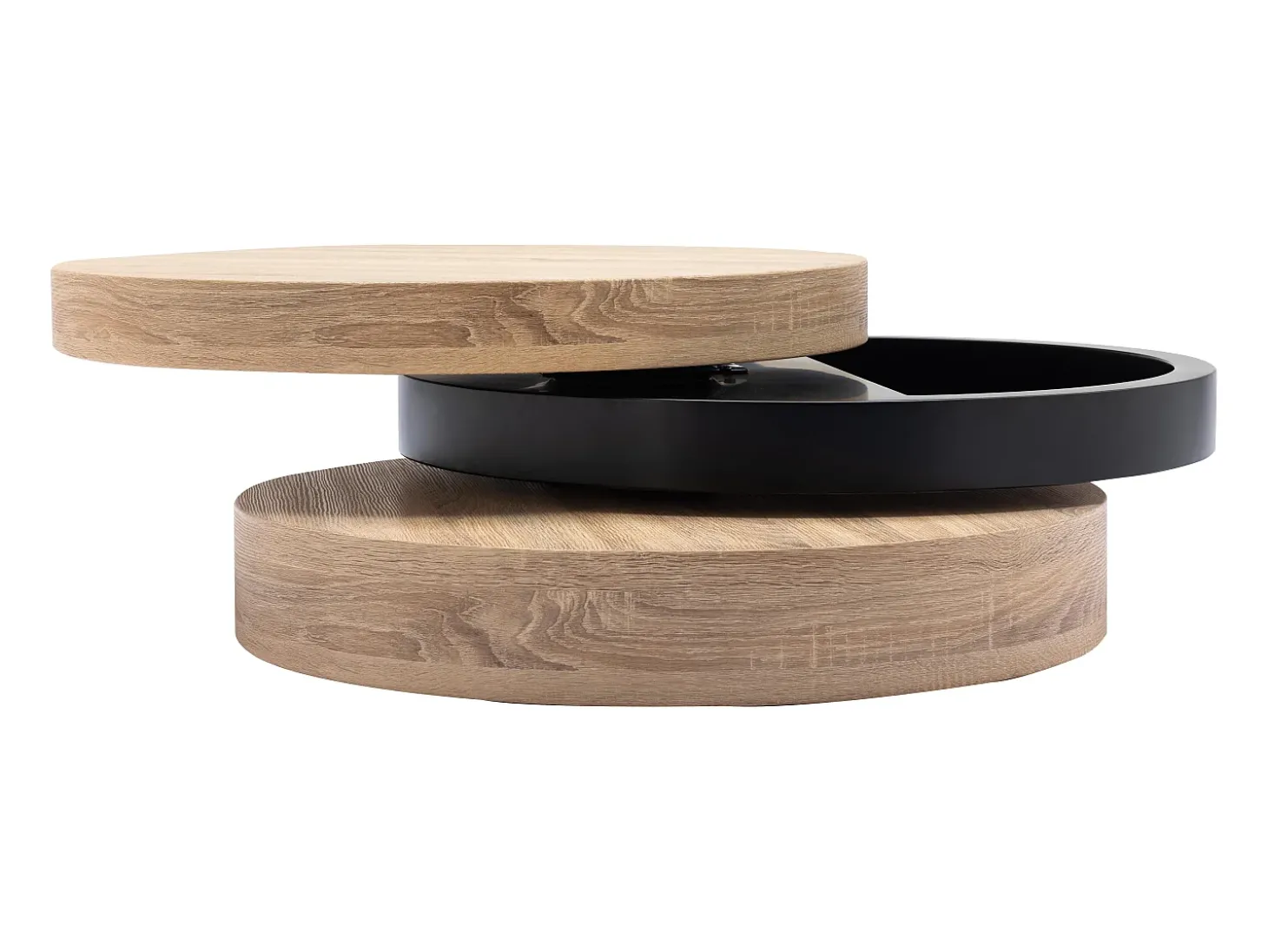 Mesa de centro redonda com 1 prateleira em MDF - Preto e natural claro - JANITA