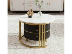 Mesa de centro redonda de encaixe com 2 gavetas - Madeira MDF - Preto e dourado