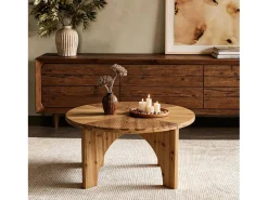 Mesa de Centro Redonda de Madeira Sólida de 80cm, Mesa de Centro Rustica com Pernas Curvas