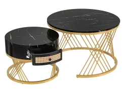 Mesa de centro redonda empilhável com gaveta - Padrão mármore preto - Pés em metal dourado