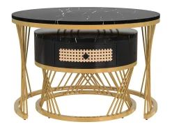 Mesa de centro redonda empilhável com gaveta - Padrão mármore preto - Pés em metal dourado