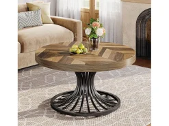Mesa de centro redonda em madeira, mesa de centro circular de 80 cm com pedestal em metal, mesa de centro industrial exclusiva, castanho rústico e preto