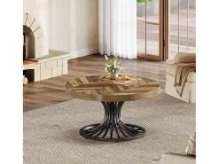 Mesa de centro redonda em madeira, mesa de centro circular de 80 cm com pedestal em metal, mesa de centro industrial exclusiva, castanho rústico e preto