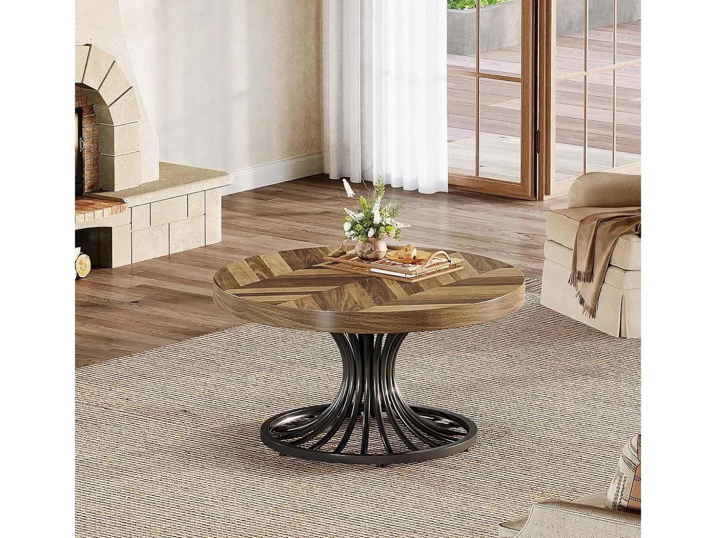 Mesa de centro redonda em madeira, mesa de centro circular de 80 cm com pedestal em metal, mesa de centro industrial exclusiva, castanho rústico e preto