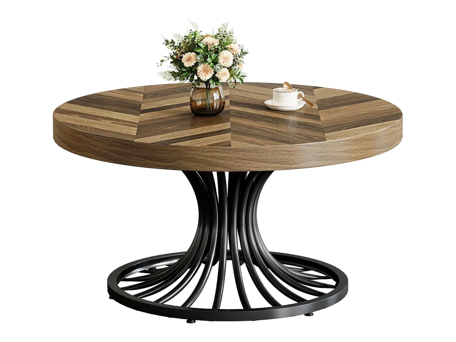 Mesa de centro redonda em madeira, mesa de centro circular de 80 cm com pedestal em metal, mesa de centro industrial exclusiva, castanho rústico e preto