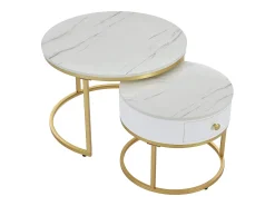 Mesa de centro redonda empilhável com gaveta - Padrão de mármore brilhante - Branco e dourado