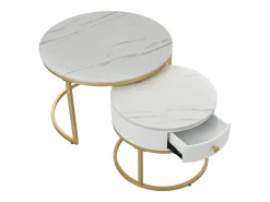 Mesa de centro redonda empilhável com gaveta - Padrão de mármore brilhante - Branco e dourado