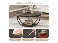 Mesa de centro redonda, mesa de centro industrial de 2 níveis com prateleiras de arrumação, centro moderno com detalhes em madeira, mesa de apoio para sala de estar, escritório em casa