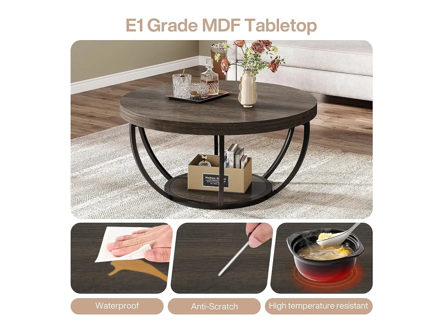 Mesa de centro redonda, mesa de centro industrial de 2 níveis com prateleiras de arrumação, centro moderno com detalhes em madeira, mesa de apoio para sala de estar, escritório em casa