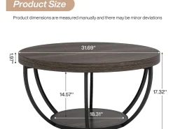 Mesa de centro redonda, mesa de centro industrial de 2 níveis com prateleiras de arrumação, centro moderno com detalhes em madeira, mesa de apoio para sala de estar, escritório em casa