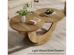 Mesa de centro redonda para sala, mesa de centro de fazenda com dois níveis e estrutura em forma de U, mesa baixa para coquetel para a casa, apartamento, natural