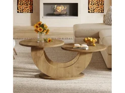 Mesa de centro redonda para sala, mesa de centro de fazenda com dois níveis e estrutura em forma de U, mesa baixa para coquetel para a casa, apartamento, natural