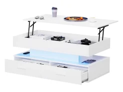 Mesa de centro regulável em altura com LED - 2 gavetas - controlada por APP - Branco