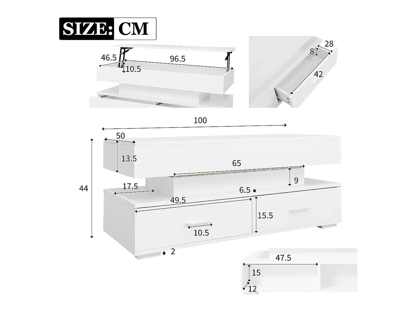 Mesa de centro regulável em altura com LED - 2 gavetas - controlada por APP - Branco