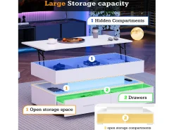Mesa de centro regulável em altura com LED - 2 gavetas - controlada por APP - Branco
