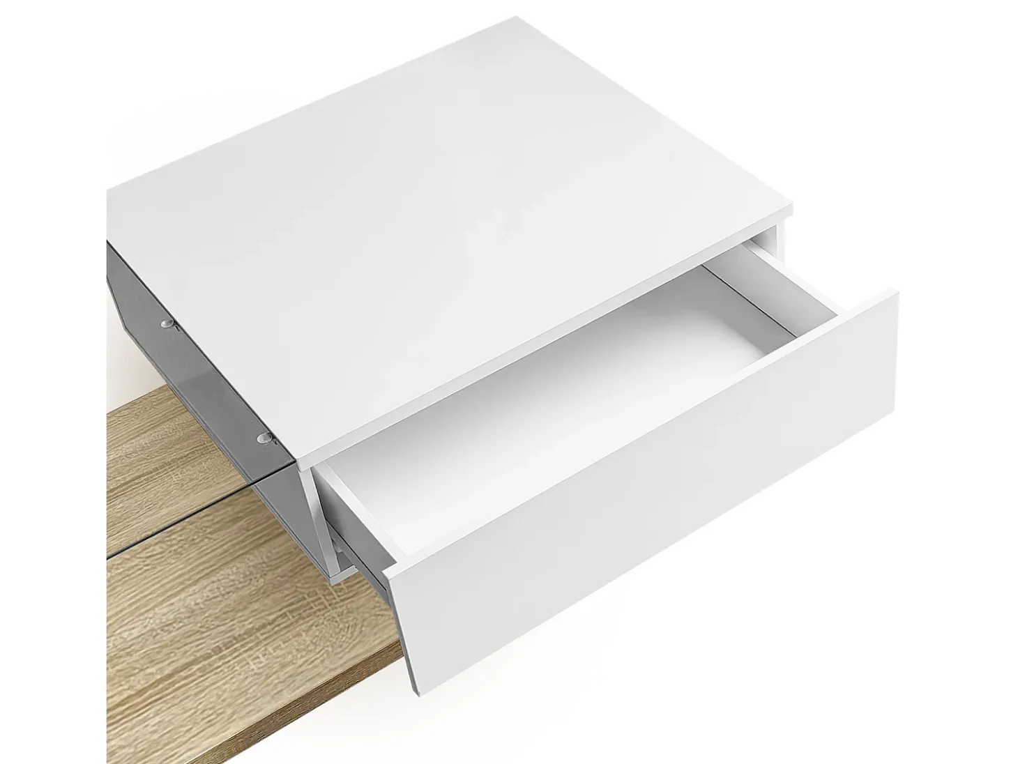 Mesa de centro retangular 105x55x32,5cm com gaveta, corpo em madeira branca e clara, tampo de vidro