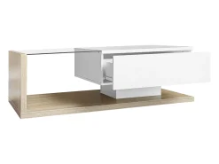 Mesa de centro retangular 105x55x32,5cm com gaveta, corpo em madeira branca e clara, tampo de vidro