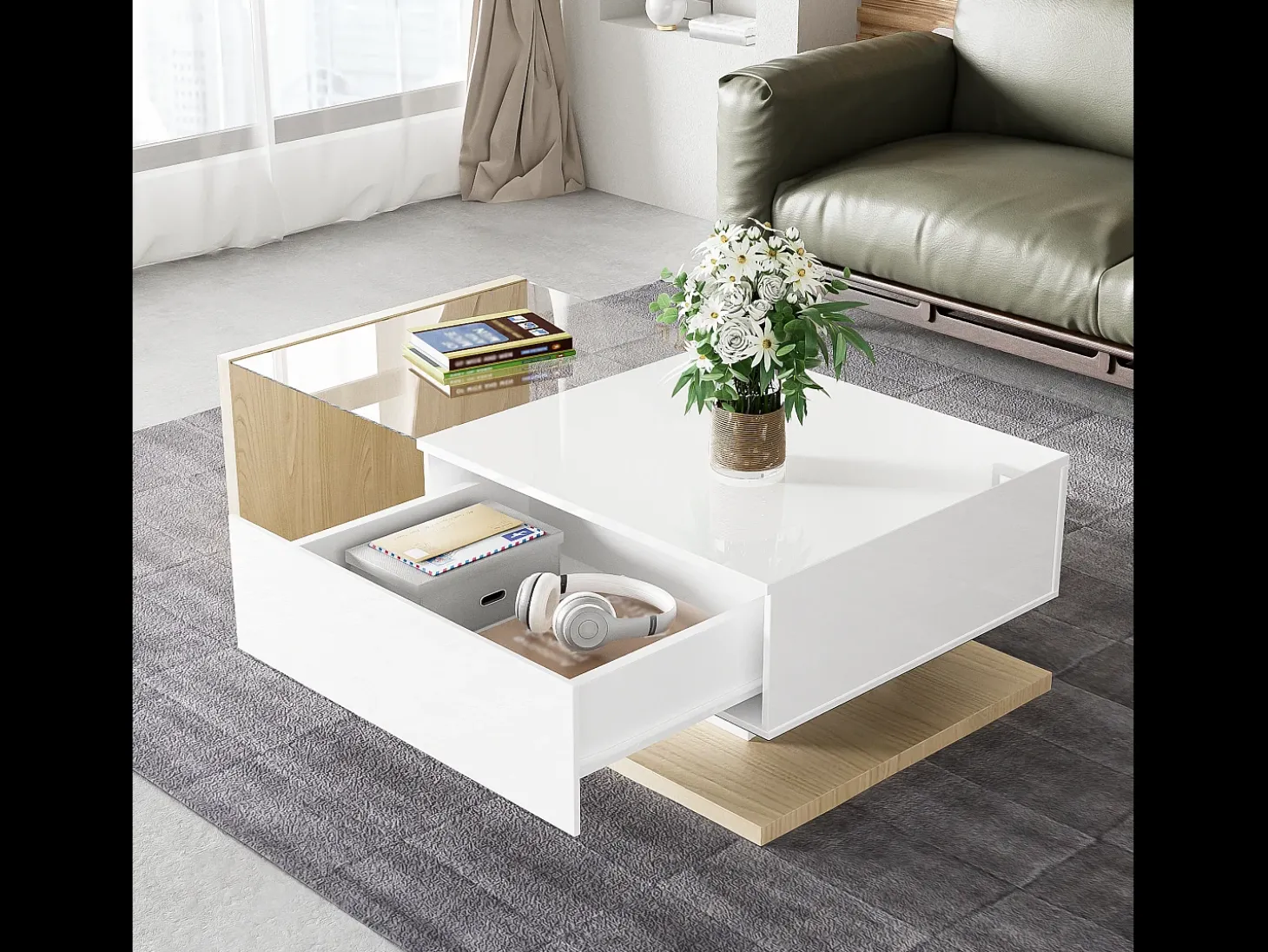 Mesa de centro retangular 105x55x32,5cm com gaveta, corpo em madeira branca e clara, tampo de vidro