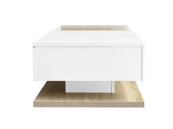 Mesa de centro retangular 105x55x32,5cm com gaveta, corpo em madeira branca e clara, tampo de vidro