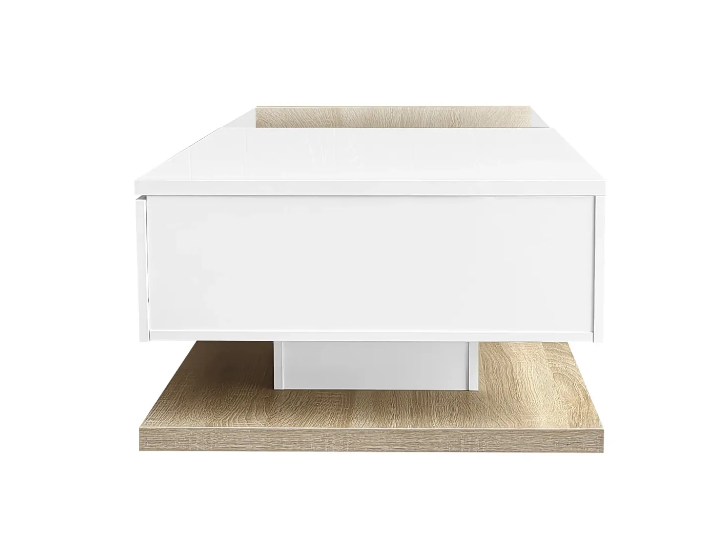 Mesa de centro retangular 105x55x32,5cm com gaveta, corpo em madeira branca e clara, tampo de vidro