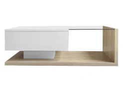 Mesa de centro retangular 105x55x32,5cm com gaveta, corpo em madeira branca e clara, tampo de vidro