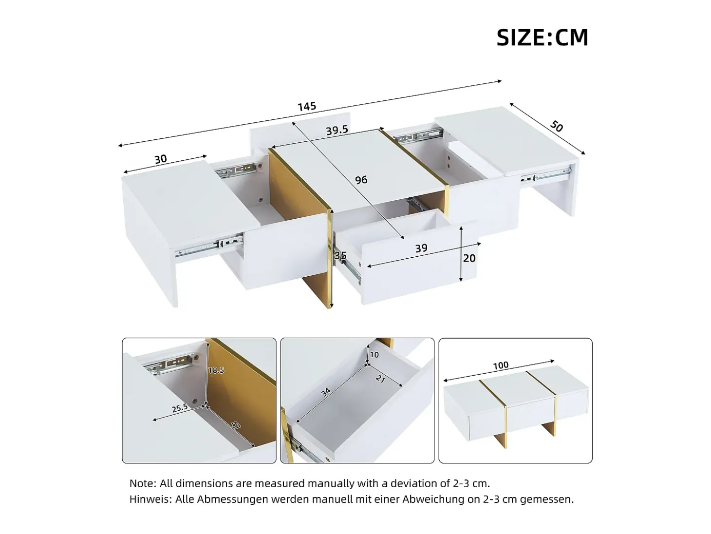 Mesa de centro retangular com 2 gavetas e 2 compartimentos ocultos, branca e dourada