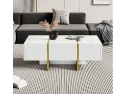 Mesa de centro retangular com 2 gavetas e 2 compartimentos ocultos, branca e dourada
