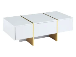 Mesa de centro retangular com 2 gavetas e 2 compartimentos ocultos, branca e dourada