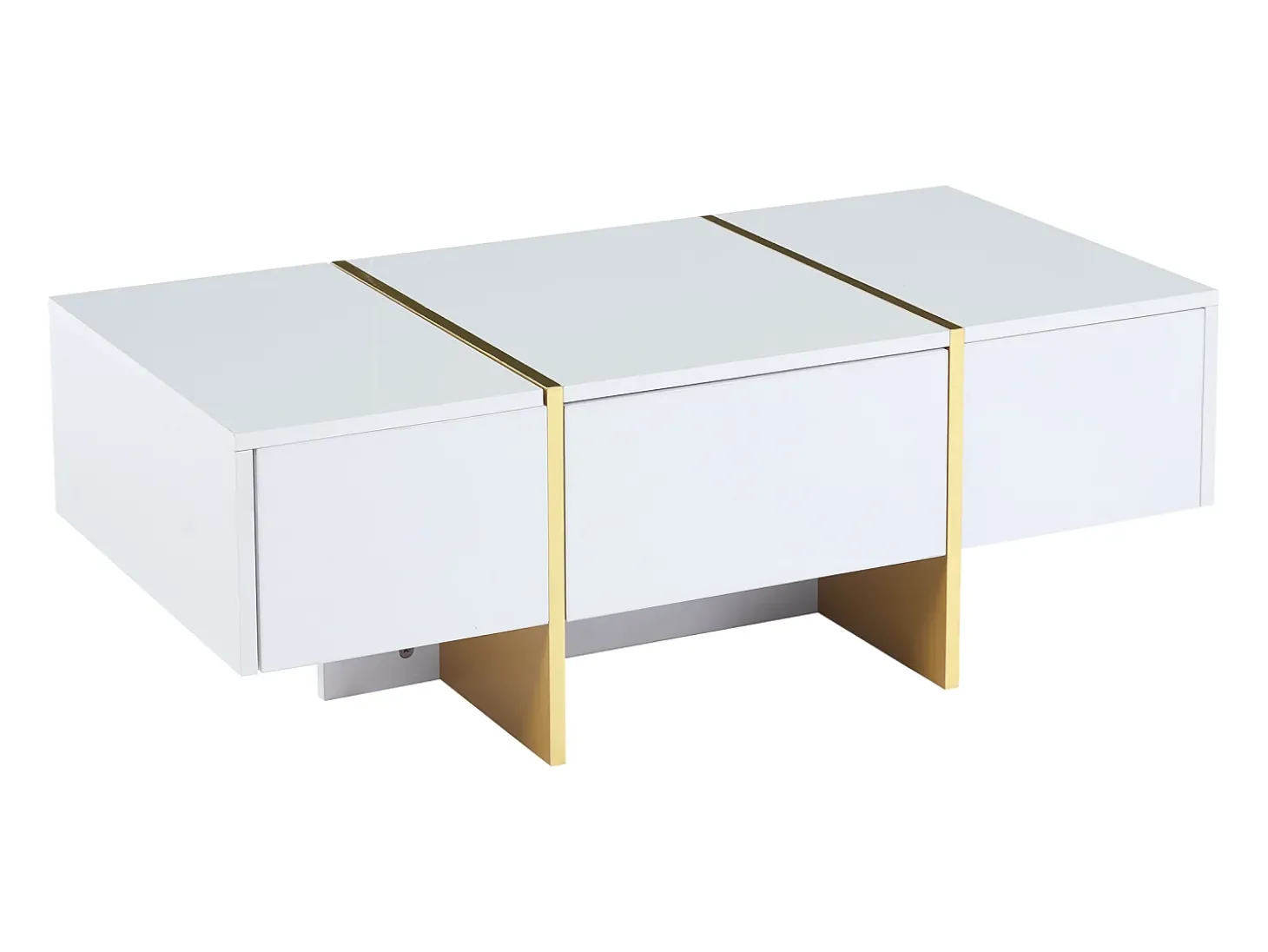 Mesa de centro retangular com 2 gavetas e 2 compartimentos ocultos, branca e dourada