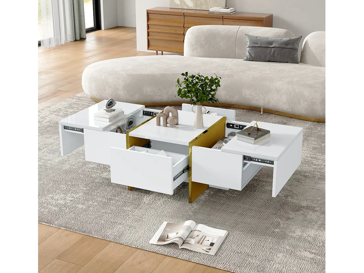Mesa de centro retangular com 2 gavetas e 2 compartimentos ocultos, branca e dourada
