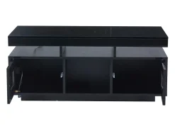 Mesa de centro retangular 100x50x43cm com 2 portas e nicho, LED, portas USB e tomada incluídas, corpo em laca preta brilhante