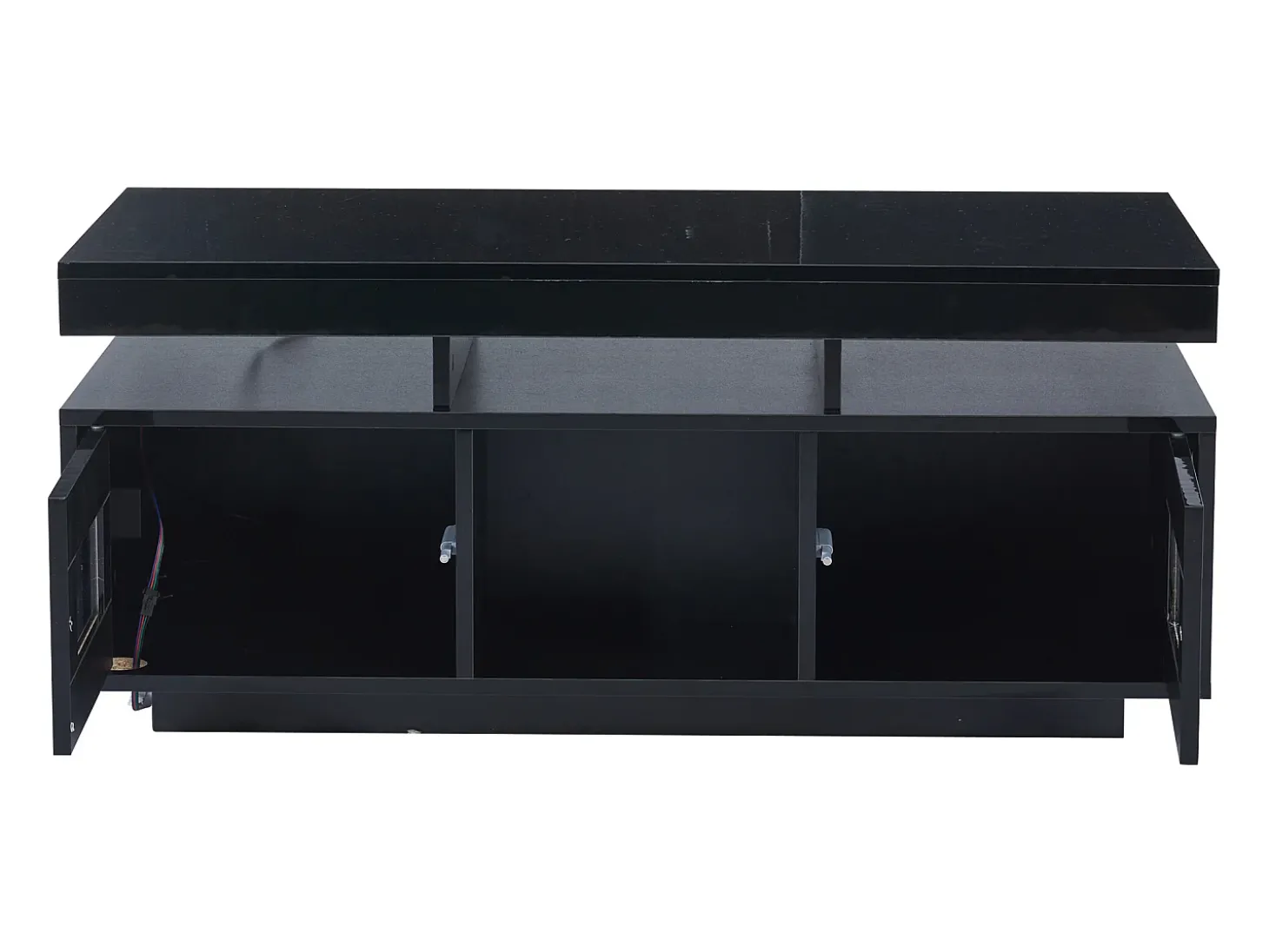 Mesa de centro retangular 100x50x43cm com 2 portas e nicho, LED, portas USB e tomada incluídas, corpo em laca preta brilhante