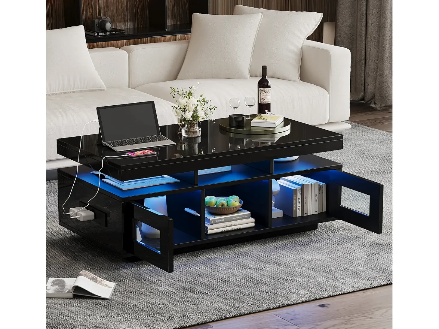 Mesa de centro retangular 100x50x43cm com 2 portas e nicho, LED, portas USB e tomada incluídas, corpo em laca preta brilhante