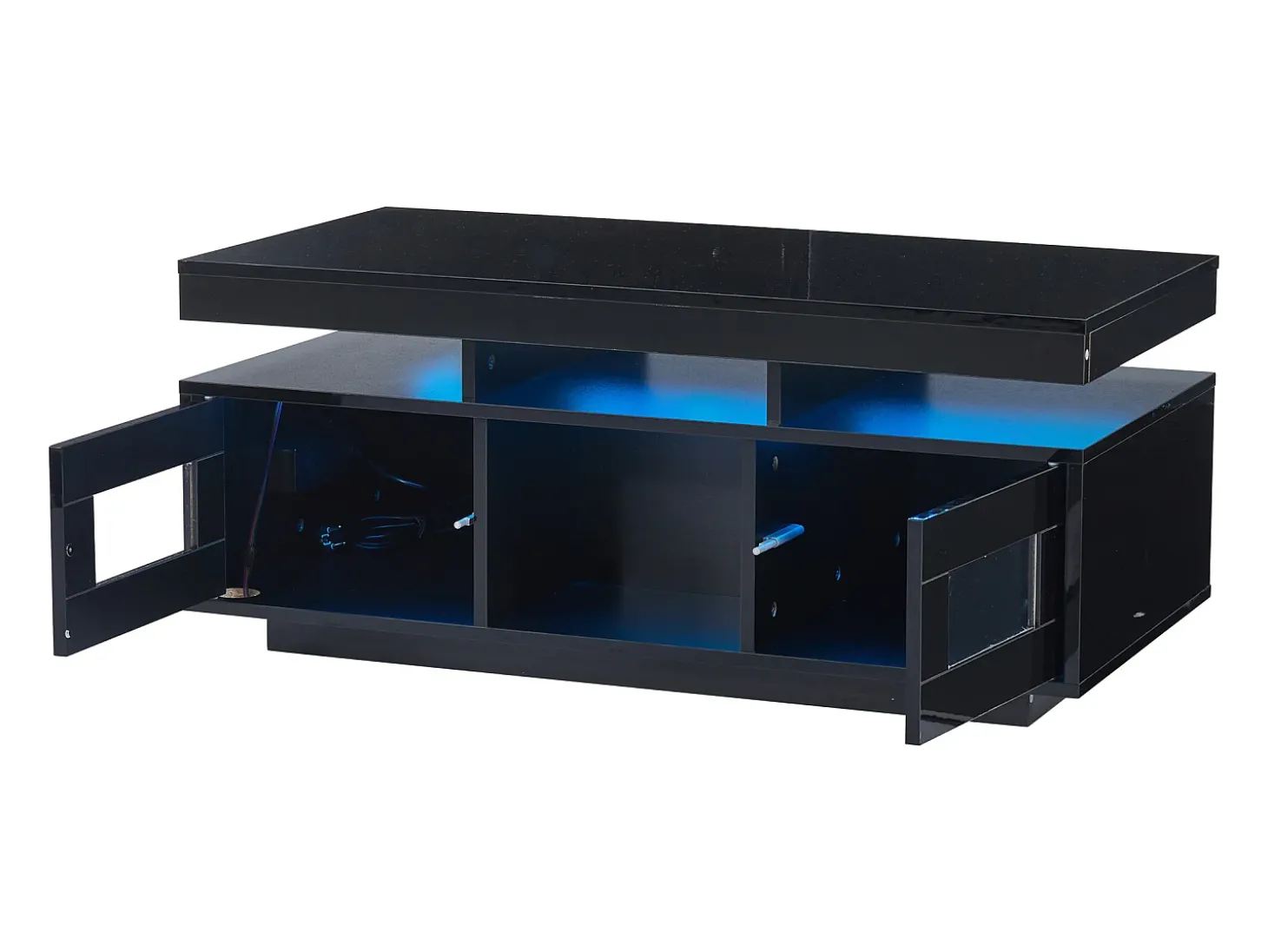 Mesa de centro retangular 100x50x43cm com 2 portas e nicho, LED, portas USB e tomada incluídas, corpo em laca preta brilhante