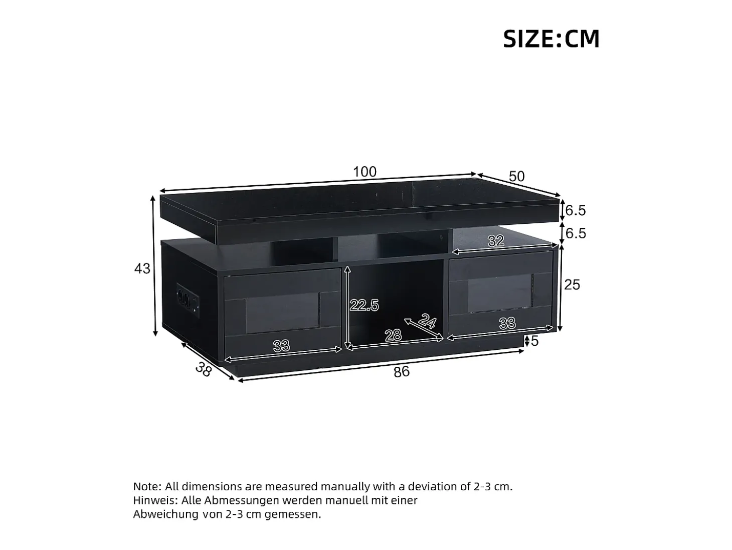 Mesa de centro retangular 100x50x43cm com 2 portas e nicho, LED, portas USB e tomada incluídas, corpo em laca preta brilhante