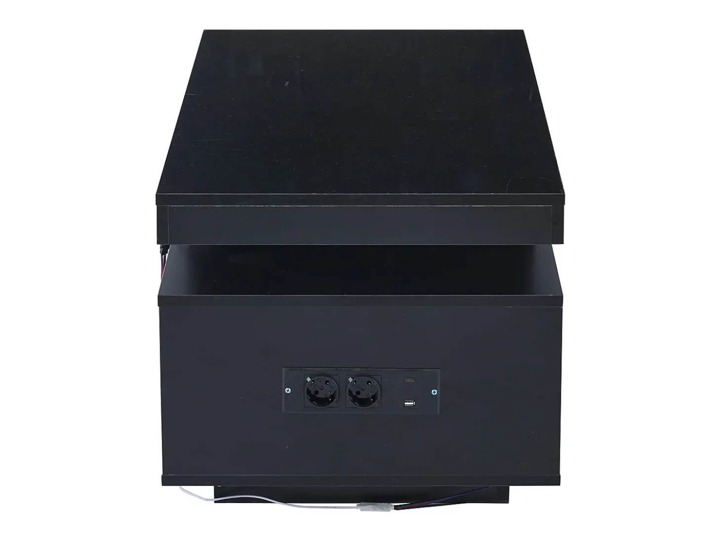 Mesa de centro retangular 100x50x43cm com 2 portas e nicho, LED, portas USB e tomada incluídas, corpo em laca preta brilhante