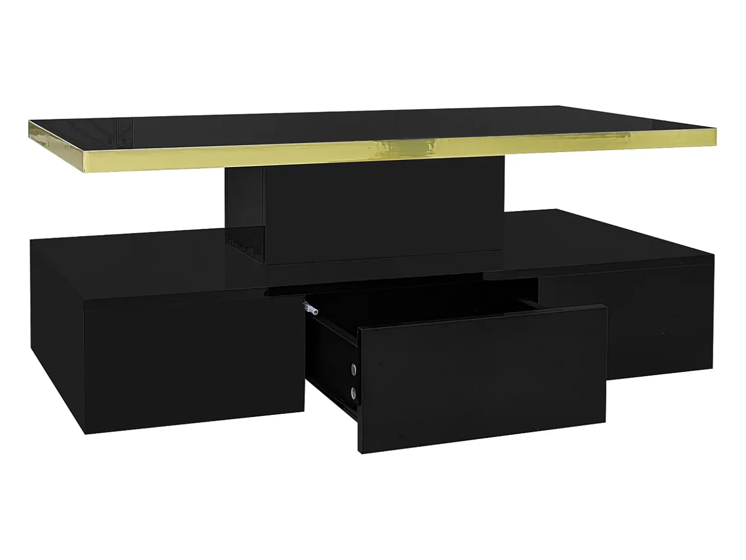 Mesa de centro retangular 100x50x38,5cm com 1 gaveta e LED, Tampo duplo, corpo em preto brilhante