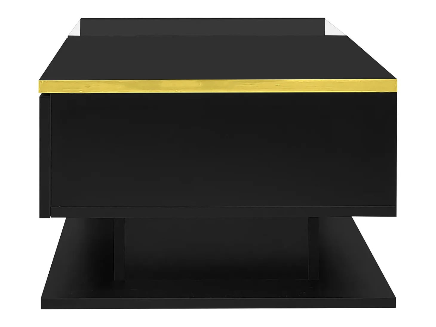 Mesa de centro retangular 100x50x32,5cm com compartimento de arrumação, corpo preto e tampo de vidro, LED incluído