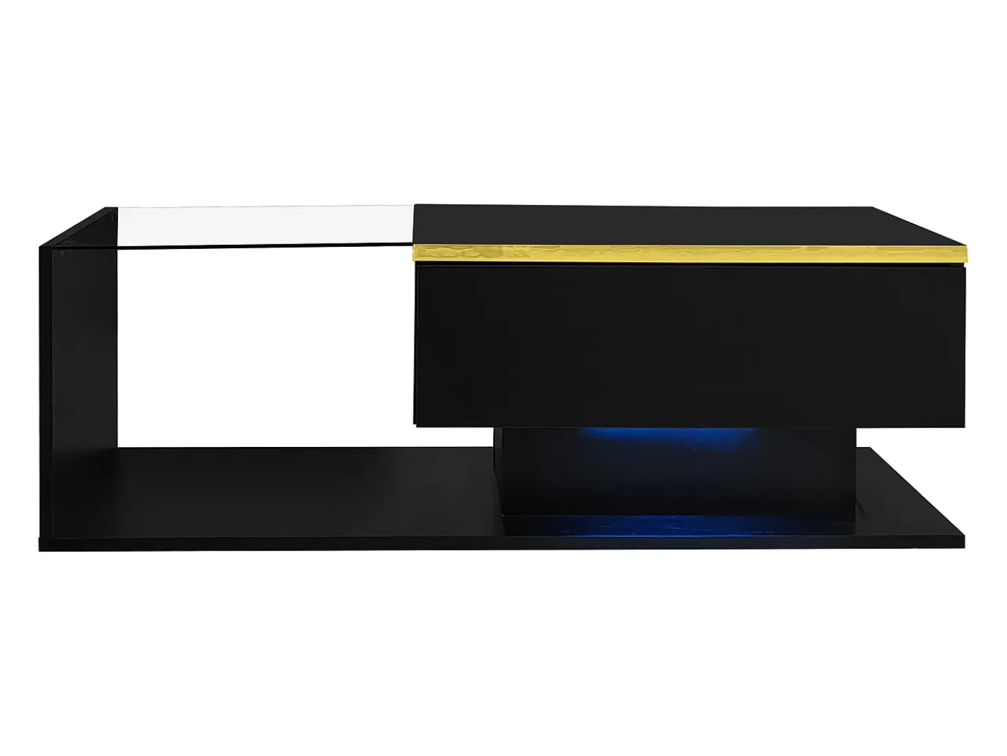 Mesa de centro retangular 100x50x32,5cm com compartimento de arrumação, corpo preto e tampo de vidro, LED incluído