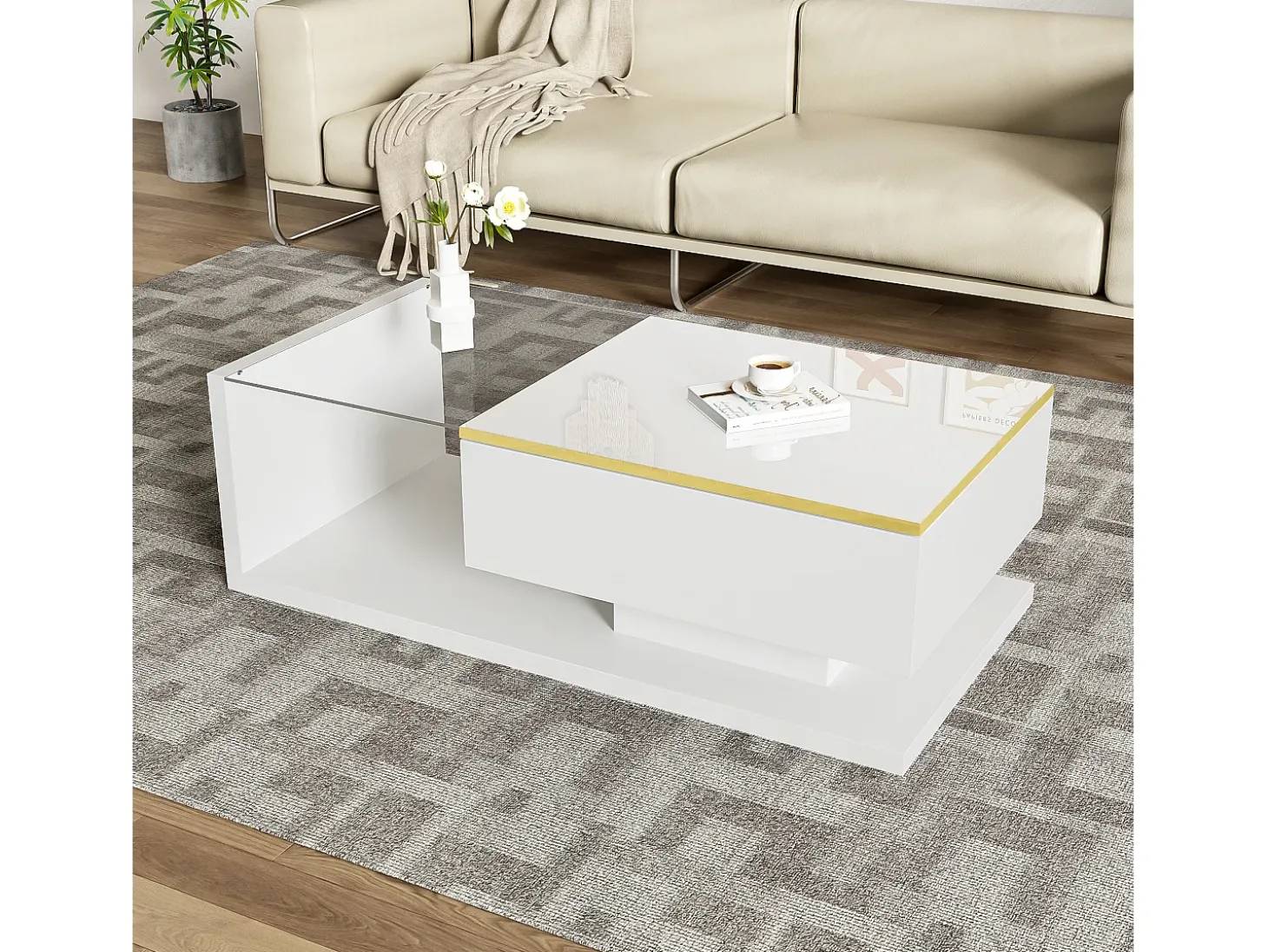 Mesa de centro retangular 100x50x32,5cm com compartimento de arrumação, corpo branco e tampo de vidro, LED incluído