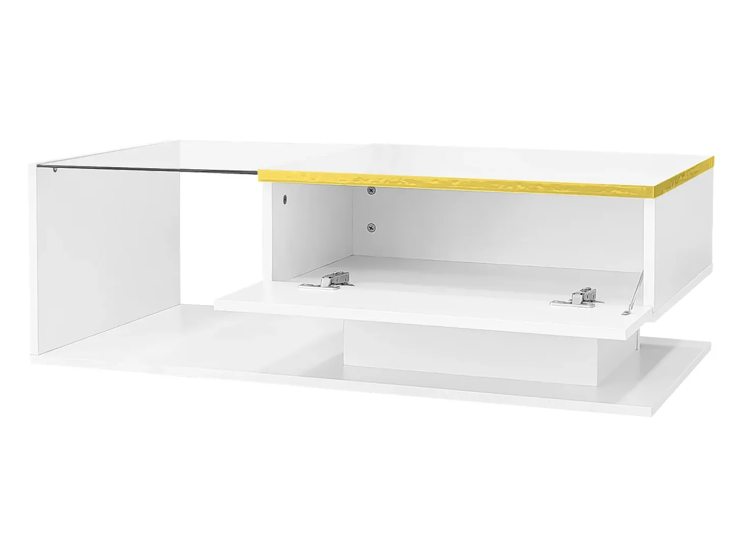 Mesa de centro retangular 100x50x32,5cm com compartimento de arrumação, corpo branco e tampo de vidro, LED incluído