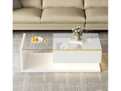 Mesa de centro retangular 100x50x32,5cm com compartimento de arrumação, corpo branco e tampo de vidro, LED incluído
