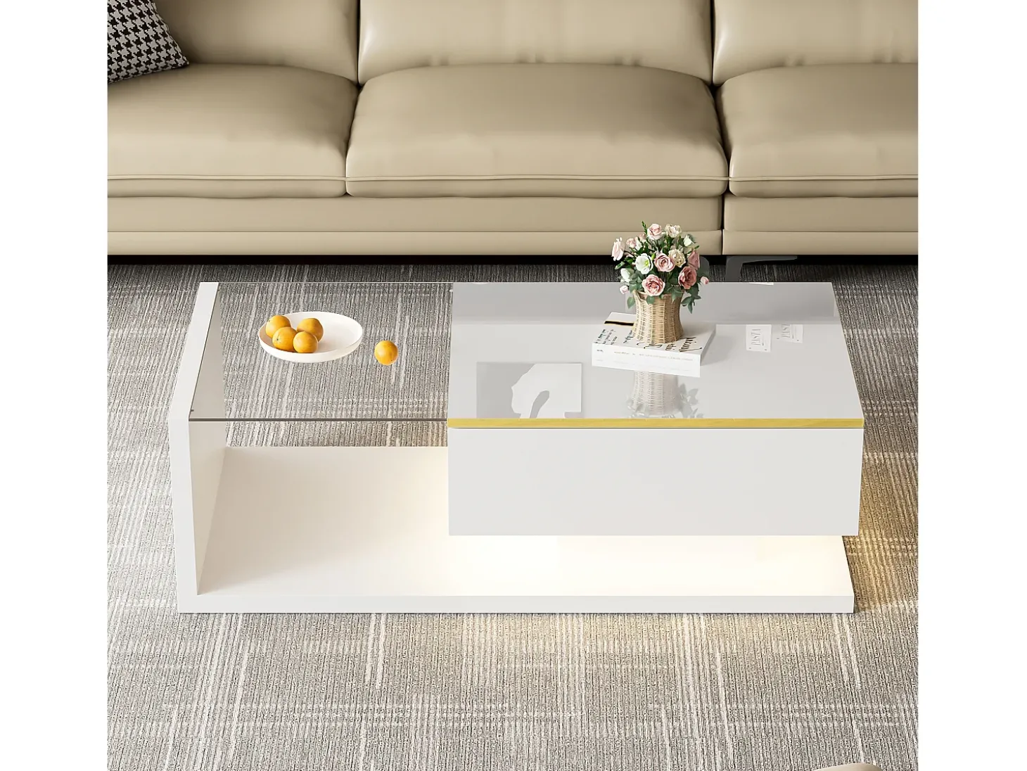 Mesa de centro retangular 100x50x32,5cm com compartimento de arrumação, corpo branco e tampo de vidro, LED incluído