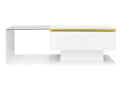 Mesa de centro retangular 100x50x32,5cm com compartimento de arrumação, corpo branco e tampo de vidro, LED incluído