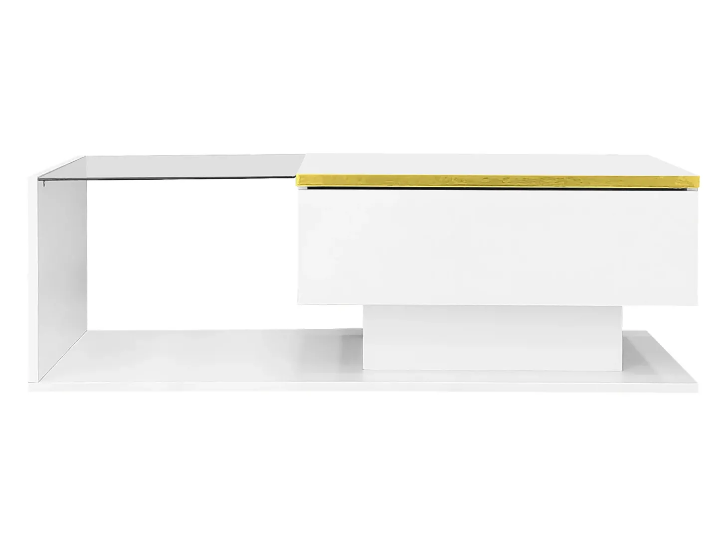 Mesa de centro retangular 100x50x32,5cm com compartimento de arrumação, corpo branco e tampo de vidro, LED incluído