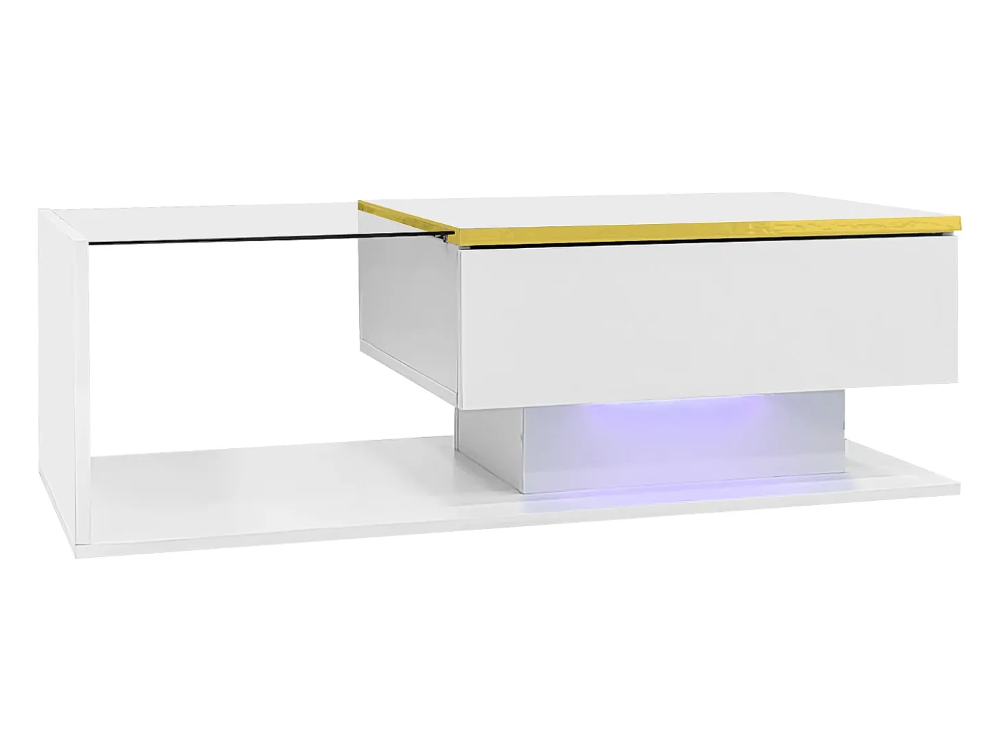 Mesa de centro retangular 100x50x32,5cm com compartimento de arrumação, corpo branco e tampo de vidro, LED incluído