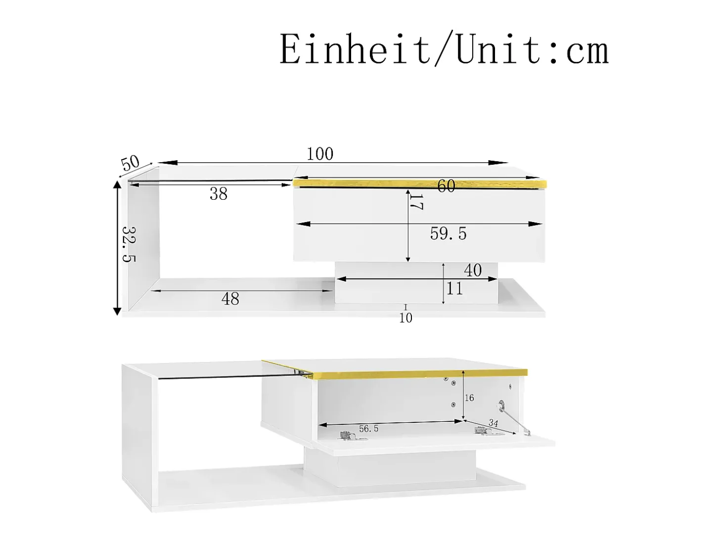 Mesa de centro retangular 100x50x32,5cm com compartimento de arrumação, corpo branco e tampo de vidro, LED incluído