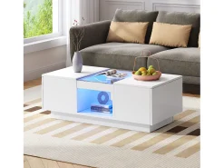 Mesa de centro retangular 100x50x35,5cm com 2 gavetas laterais e tampo de vidro, LED, branca