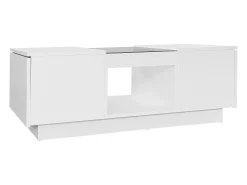 Mesa de centro retangular 100x50x35,5cm com 2 gavetas laterais e tampo de vidro, LED, branca