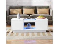 Mesa de centro retangular 100x50x35,5cm com 2 gavetas laterais e tampo de vidro, LED, branca